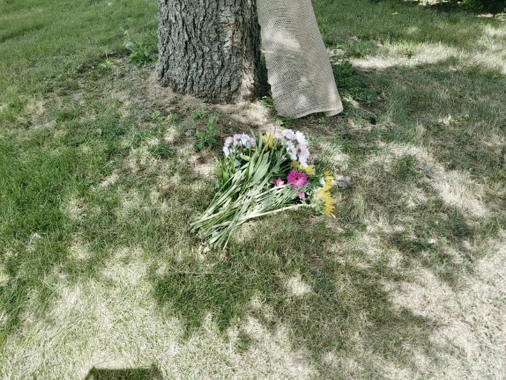 Flowers laid on the future site of the P4W memorial garden, in honour of women lost inside.