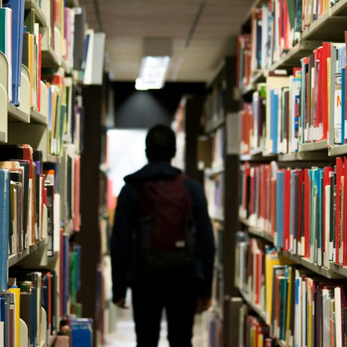 A silhouetted person, perhaps a student, walks through an aisle of a library. It looks like a university or school library.